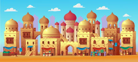 Panorama of ancient arab city with houses and the Arab market. Vector illustration in cartoon style for children. Background for games and mobile applications.のイラスト素材