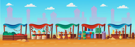 Arabic market. Panorama of ancient arab city with houses and the Arab market. Vector illustration in cartoon style.のイラスト素材