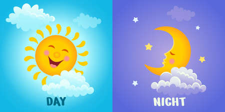 Day and night. Cartoon illustration of a smiling sun with clouds and a sleeping month with stars for kids.Vectorのイラスト素材