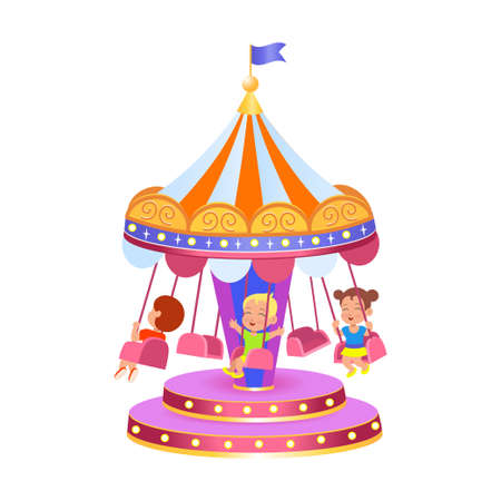 A carousel with swings, vector Illustration on a white background. Amusement park. Vector illustration for children.のイラスト素材