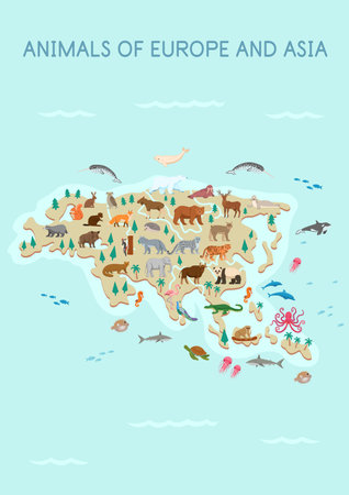 Animals of Asia and Europe map: panda, crocodile, tiger, camel, bear, leopard, snow leopard, elephant, lion, cheetah, turtle, hedgehog, bear, wolf, fox, beaver, deer, elk. Flat cartoon.のイラスト素材