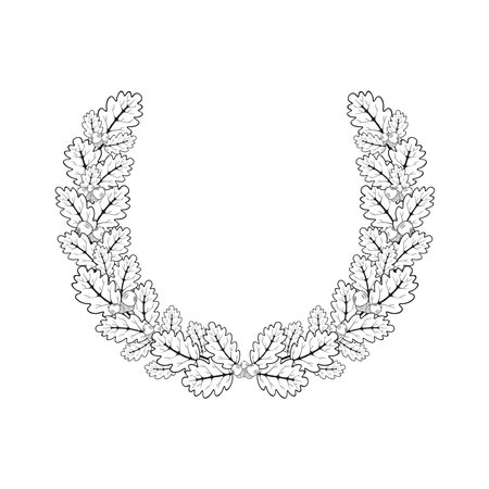 Oak wreath. Vector illustration of oak branches in a round frame made in the style of engraving.のイラスト素材