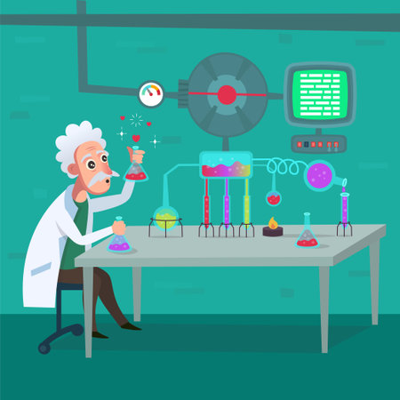 Professor sitting at the table in the lab. He making the experiment with test tubes. Vector illustration in a flat cartoon style.のイラスト素材