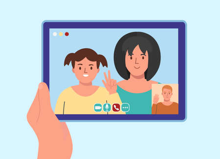 Concept of video calls. A man speaking with people online at home.Video chat with friends and family. Flat vector illustration.のイラスト素材