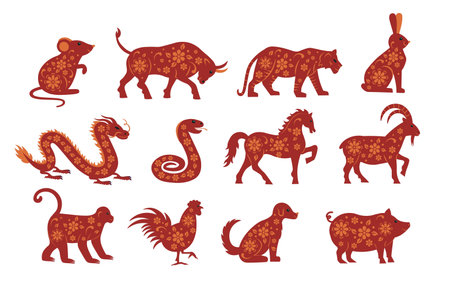12 zodiac animals for Chinese New Year. Mouse, bull, tiger, rabbit, dragon, snake, horse, goat, monkey, chicken, dog, pig. Vector illustrations.のイラスト素材