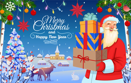 Santa Claus holding Christmas presents.Winter forest landscape with deers, rabbit, village.Christmas banner. Christmas card. Vector cartoon illustration.のイラスト素材