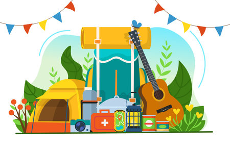 Tourism set for camping. Backpack, tent, guitar, flashlight, phone with a map, first-aid kit, bowler hat, thermos, camera, canned food.Concept for traveling. Flat vector illustration.のイラスト素材