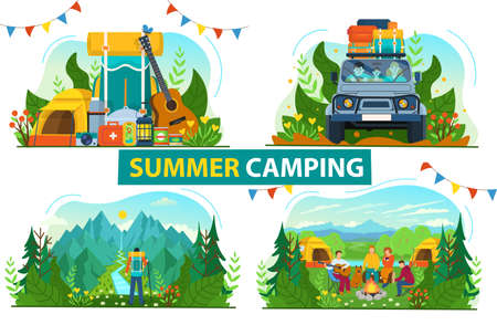 Tourism set for camping. Family traveling in a car with a lot of suitcases.A backpacker standing on the top of a mountain enjoying river view. Forest landscape with tourists around the campfire.Flatのイラスト素材