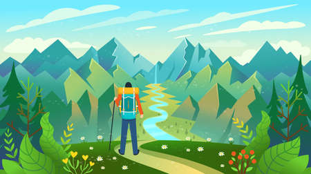 A backpacker standing on the top of a mountain enjoying river view. Vector illustration.のイラスト素材