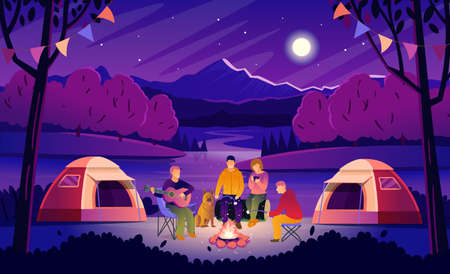 Summer Camping at night. Forest landscape with tourists around the campfire. Tourists are playing the guitar, drinking hot tea and roasting marshmallows. Flat vector illustration in cartoon style.のイラスト素材