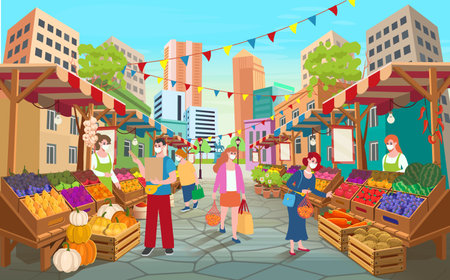 Organic food market street. Food market stalls with fruits and vegetables.Vector cartoon wooden marketplace tents with farm produce.のイラスト素材