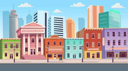 City building houses with shops, cafe, hotel, bank.Vector illustration in flat style. Background for games and mobile applications.のイラスト素材