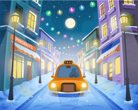Road over the street with taxi, lanterns and a garland. Vector illustration of winter city street in cartoon style.のイラスト素材