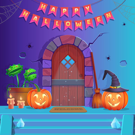 Happy Halloween. Interior of halloween room with door, cauldron, pumpkins, candy, vedim hat, magic ball, potions, broom, flycatcher, spiders and candles. Background for games and mobile applications.のイラスト素材