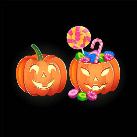 Halloween pumpkins with sweets. Cartoon vector illustration. Icon for games and mobile application.のイラスト素材