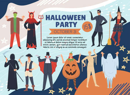 Halloween party poster on memphis background.women and men are wearing of cartoon costume on Halloween party. Pumpkin, vampire, death, ghost, witch, Frankenstein, pirate, devil, catwoman.のイラスト素材
