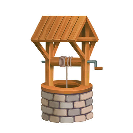 Old village stone well with wooden roof. Cartoon vector isolated on white backgroundのイラスト素材