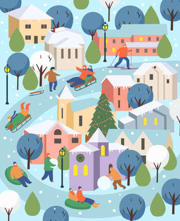 Winter city with people.Christmas in the park. Big set of people in winter. People walking, skating, skiing, making a snowman, walking. Flat cartoon vector illustrのイラスト素材