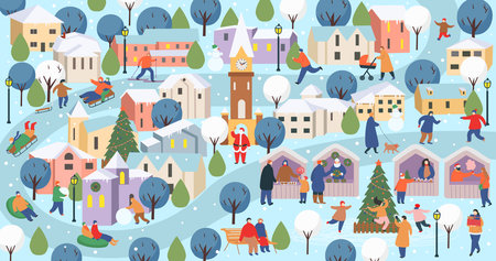Winter city with people.Christmas in the park. Big set of people in winter. People walking, buying gifts, drinking coffee, skating, skiing, making a snowman, walking dogs. Flat cartoon vector illustrのイラスト素材