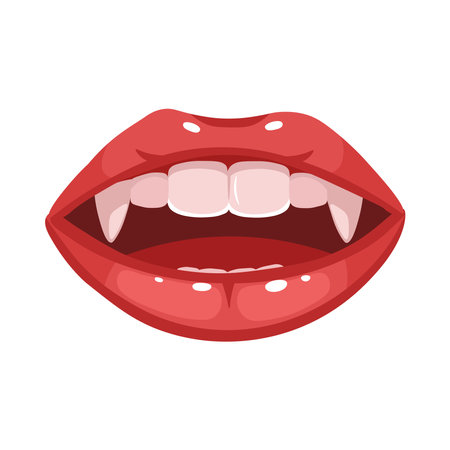 Red vampire lips. Mouth with long canine teeth.のイラスト素材