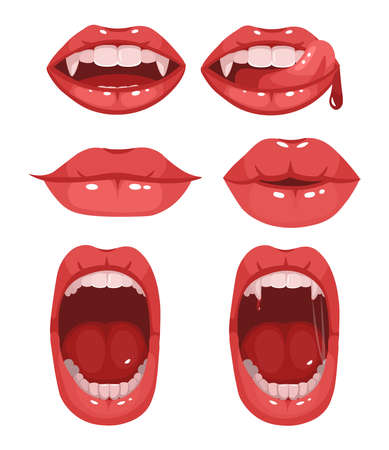Red vampire lips. Set of different emotions. Mouths with long canine teeth. Vector cartoon illustration isolated on white background.のイラスト素材