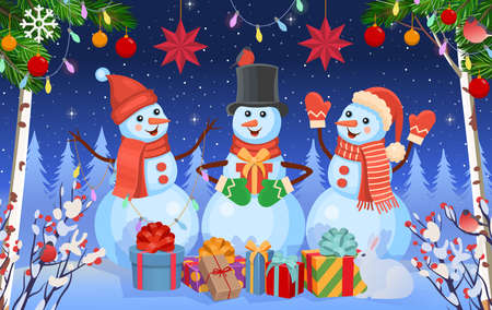 Santa Claus holding Christmas presents.Winter forest landscape with deers, rabbit, village.Christmas banner. Christmas card. Vector cartoon illustration.のイラスト素材