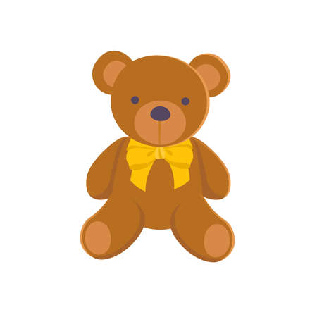 Teddy bear toy with yellow bow on white background. Cartoon illustration, vector.のイラスト素材
