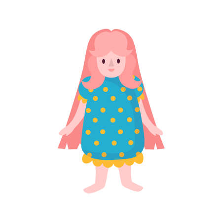 Doll with blue dress and pink hair.Cartoon illustration, vector.のイラスト素材