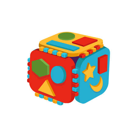 Plastic toy logic cube of different colors isolated on white background. Cartoon illustration, vector.のイラスト素材