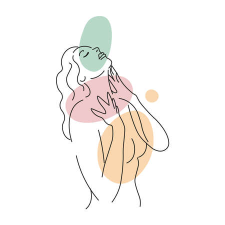 Girl touching her neck.Line girl abstract minimalist silhouettes with colored spots.Naked of a woman line silhouette. Body Careのイラスト素材