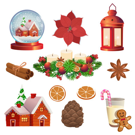 Christmas set: snow glass ball, red lantern, fir wreath, glass of milk with cookies. Illustration for Christmas time. Elements for Winter greeting card.のイラスト素材