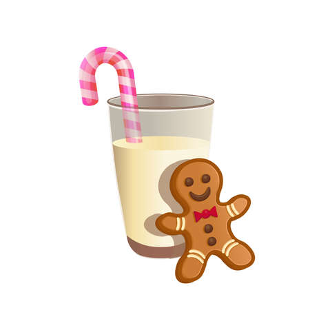 Glass of milk with gingerbread man for Santa on white background.のイラスト素材