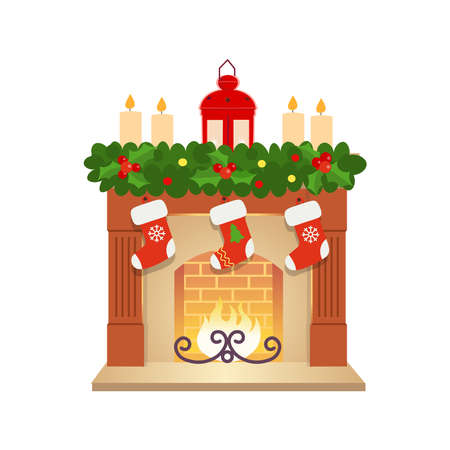 Christmas fireplace with a clock, wreath, paintings, candles. Vector cartoon illustration.のイラスト素材