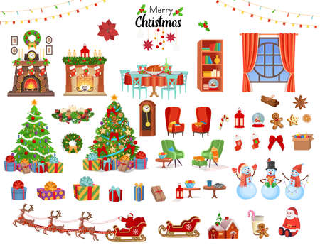 Christmas set with fireplace, chairs, Christmas tree, holiday table with food, gifts, garlands.Vector cartoon illustration.のイラスト素材