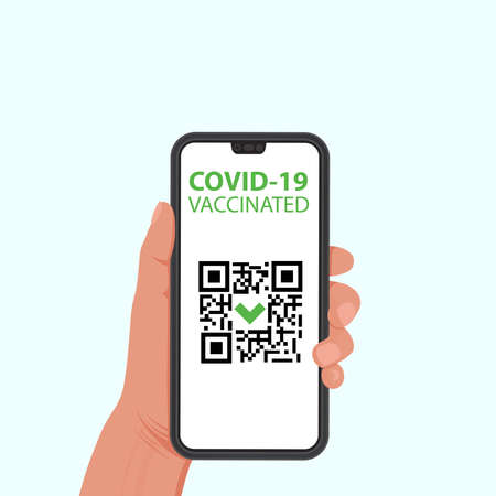 Phone with vaccine certificate Covid-19. Qr code test result in a hand.Vector illustration in flat styleのイラスト素材