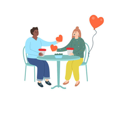 Happy young couple in cafe giving each other valentines hearts. Flat vector illustration.のイラスト素材