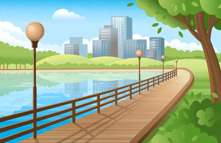 City park with road near the river and city buildings, street lights . Handrail near the river.のイラスト素材