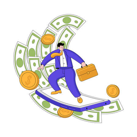 Businessman with a briefcase in his hand surfing on the wave of money. Financial, business success concept. flat cartoon style. vector illustration.のイラスト素材
