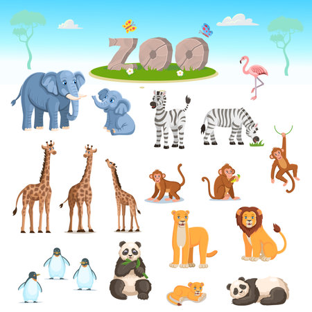 Zoo map with enclosures with animals. Outdoor park entrance with green bushes. cartoon vector illustration. Pandas, giraffes, elephants, zebras, elephants, penguins, monkeys, parrots, flamingos.のイラスト素材