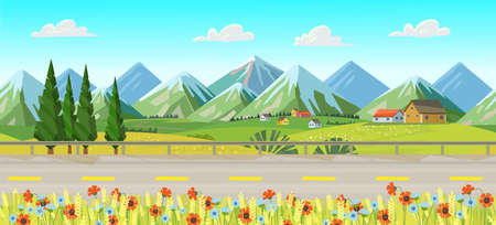 village. Background with fields and mountains, river or lake and houses. landscape with hills, meadows, blue sky with white clouds.Vector banner for eco products.のイラスト素材