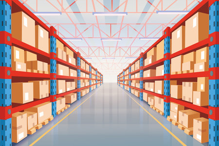 Perspective view of warehouse with cardboard boxes on racks. Interior of storage room in store, factory, market, hardware store. vector cartoon illustration.のイラスト素材