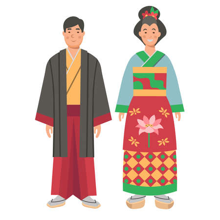 Cartoon men's and women's japan costume, kimono, character for children. flat vector illustrationのイラスト素材