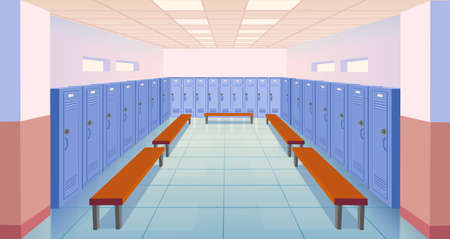Interior school room with closed lockers and benches. Sport dressing room. Empty school or college hallway. Vector cartoon illustration.のイラスト素材