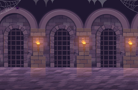 Dungeon with a long corridor. Medieval castle corridor with torches and doors with bars. Interior of ancient Palace with stone arch. vector illustration.のイラスト素材