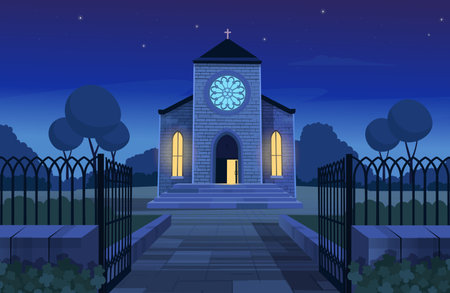 catholic church building. Facade of cathedral. religious architecture exterior in cartoon style. vector illustrationのイラスト素材