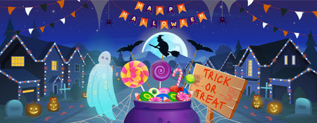 Halloween banner with cauldron with sweets, ghost and a wooden board with the inscription "trick or treat". Suburban houses, street with cottages with garages on Halloween at night.のイラスト素材