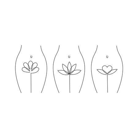 Intimate hygiene. Woman with flowers line silhouette. Body Care for spa salon, eco cosmetics vector icons in sketch style.のイラスト素材