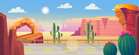 seamless background. Road over Wild west Texas. Empty road with mountains. Landscape with red mountains, cactus, road and clouds. Vector illustration in cartoon style.のイラスト素材