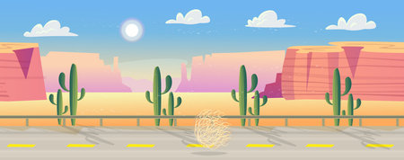 seamless background. Road over Wild west Texas. Empty road with mountains. Landscape with red mountains, cactus, road and clouds. Vector illustration in cartoon style.のイラスト素材