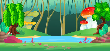 background for games and mobile applications. Fantasy background with a river and a bank with trees and large mushrooms. Vector cartoon landscape.のイラスト素材